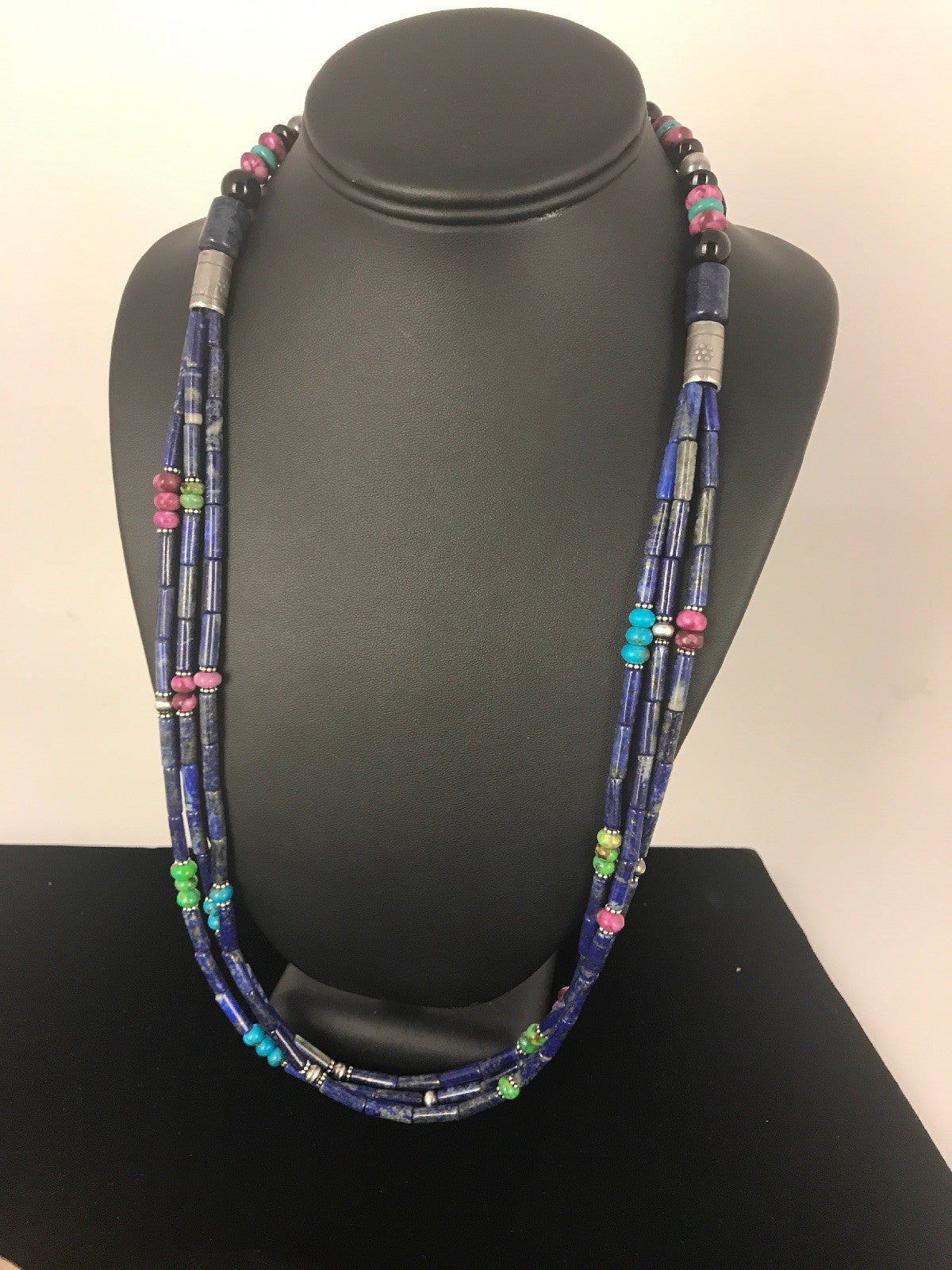 Denim Lapis Multi Strands Navajo Sterling Silver Necklace 22" 03342