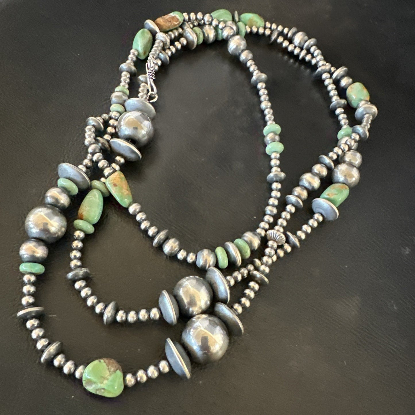 Native Navajo Sterling Silver Beads Green Royston Turquoise 48in Necklace 19116