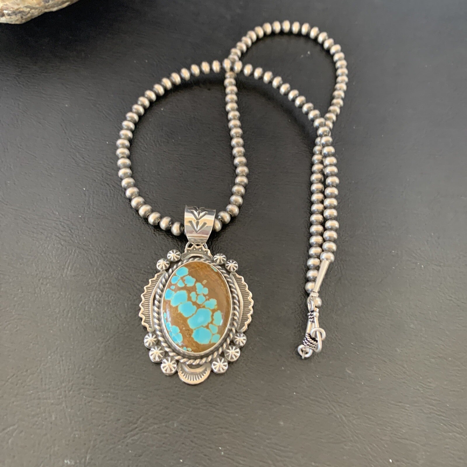Mens Blue Turquoise #8 Pendant Navajo Pearls Sterling Silver Necklace 10866