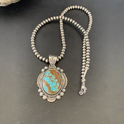 Mens Blue Turquoise #8 Pendant Navajo Pearls Sterling Silver Necklace 10866