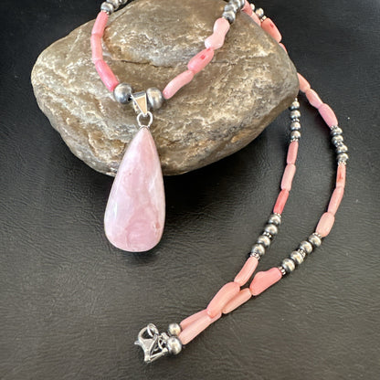Southwestern Sterling Silver Pink Coral Bead Necklace Quartz Pendant 24" 19589