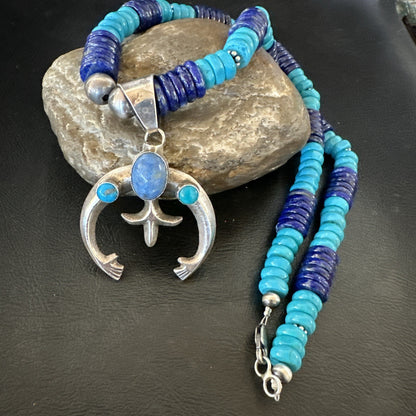 Blue Turquoise Lapis Naja Pendant Navajo 12mm Sterling Silver Necklace 19545
