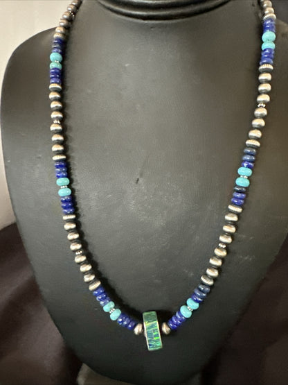 Mens Blue Turquoise Lapis Opal Pendant Navajo Sterling Silver Necklace 20" 17897