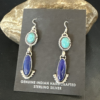 Navajo Turquoise Blue Lapis Sterling Silver Dangle Earrings 18186