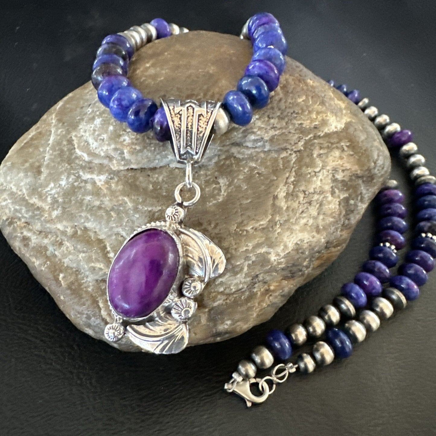Purple Stone Pendant Navajo Pearls Sterling Silver Necklace 21” 18032