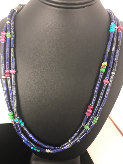 Denim Lapis Multi Strands Navajo Sterling Silver Necklace 22" 03342