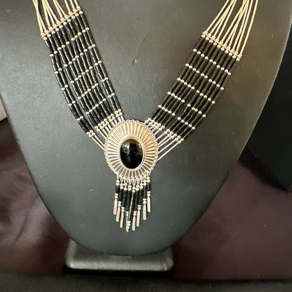 Black Onyx Liquid Silver 10S Heishi Tubes 19" Necklace Concho Pendant 17707