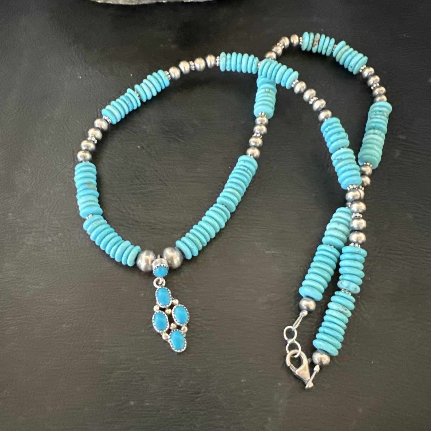 Blue Turquoise Cluster Pendant Navajo Sterling Silver Necklace 20" 19713