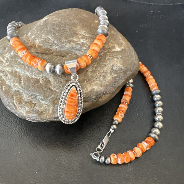 Orange Spiny Oyster Navajo Pearls Necklace Pendant | Sterling Silver | Authentic Native American Handmade | 18678
