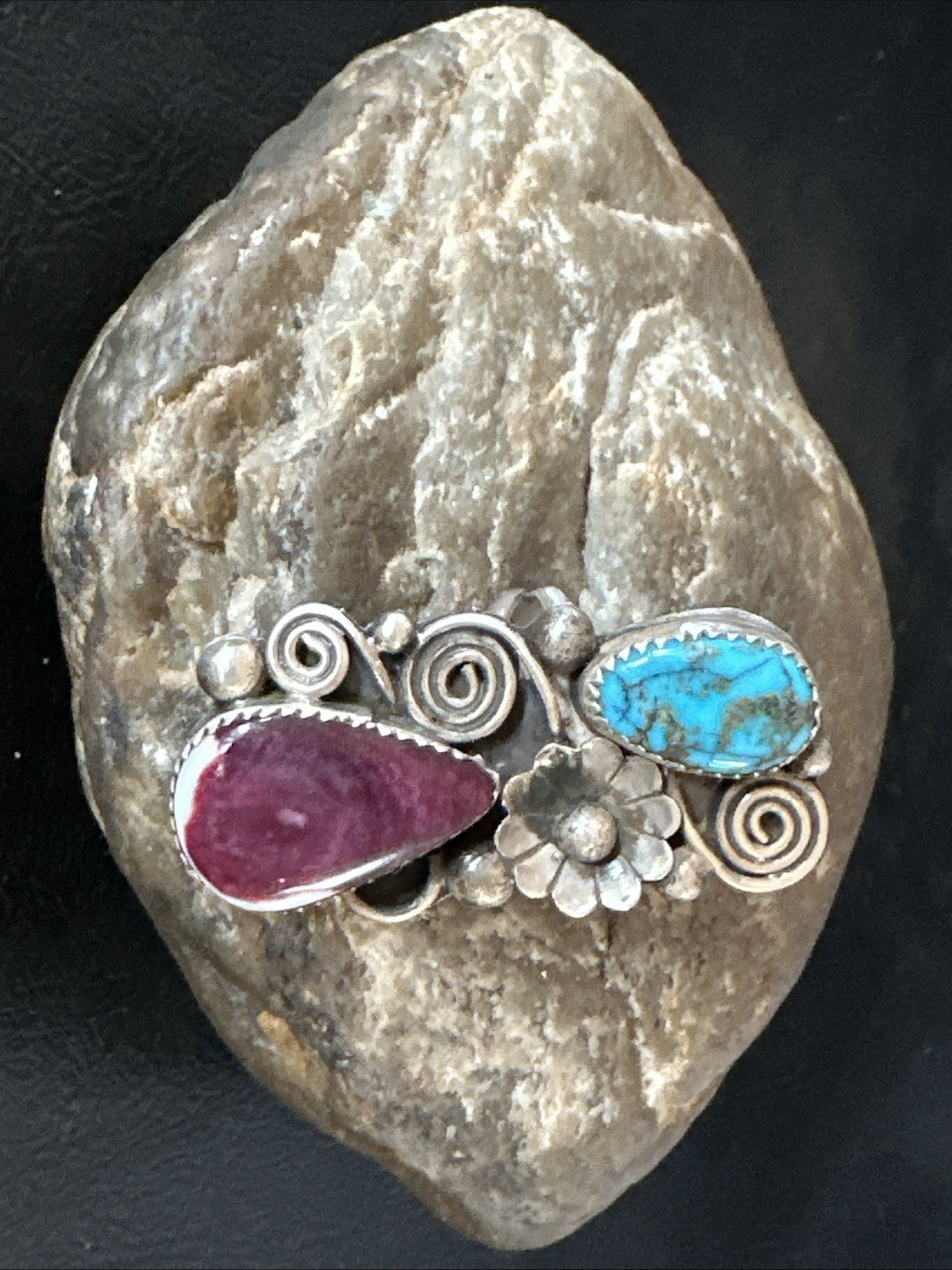 Cluster Kingman Turquoise Purple Spiny Navajo Sterling Silver Ring Sz 5.5 19105