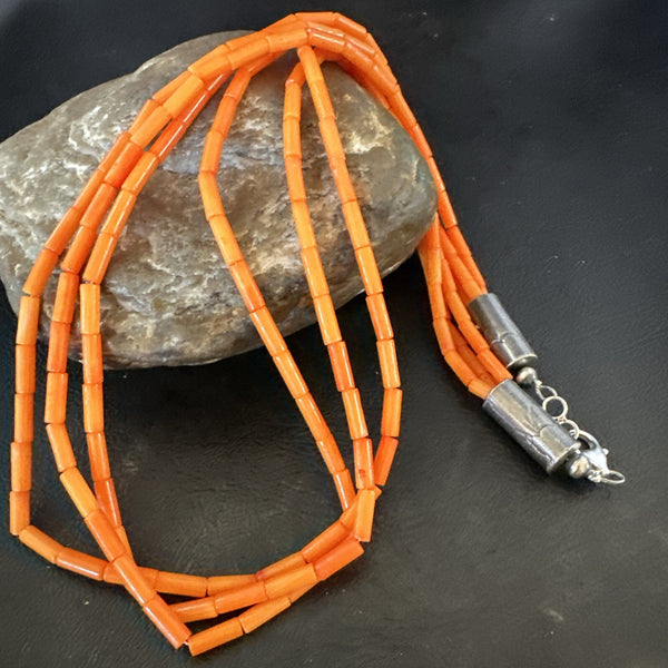 Orange Coral Tubes 3 Strand Necklace 21" | Sterling Silver | Authentic Native American Handmade | 17821