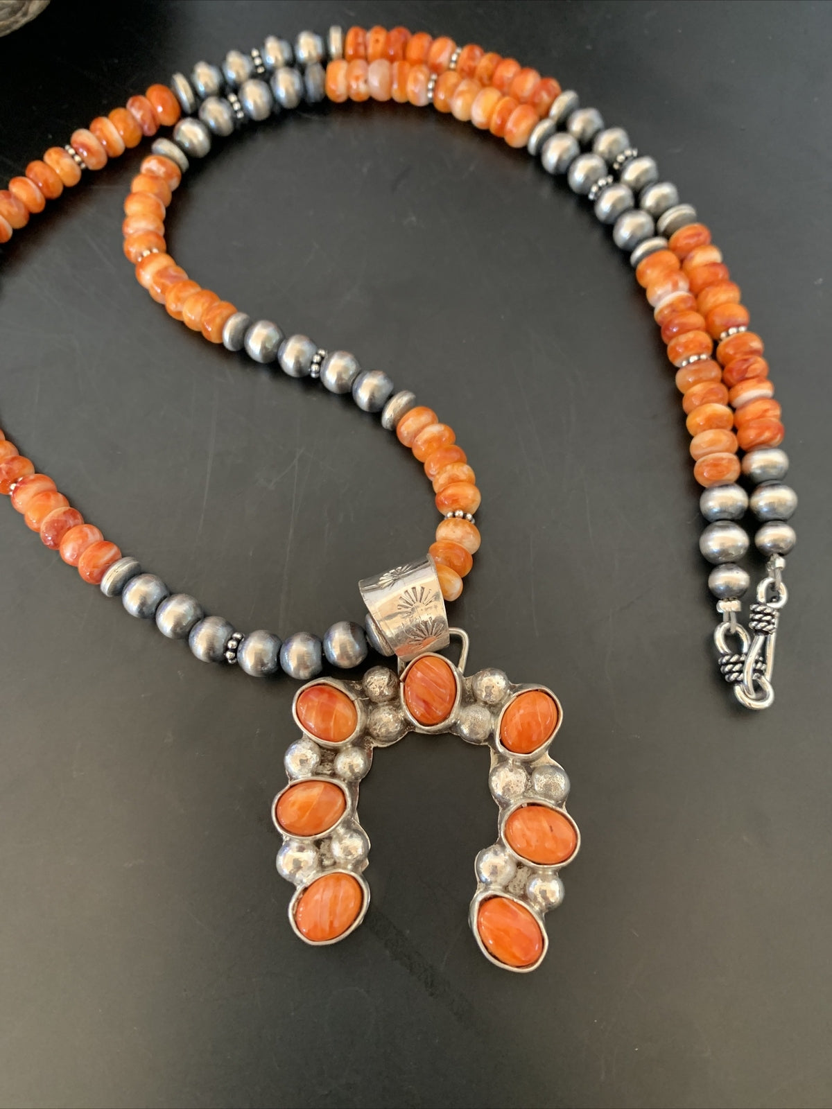 Spiny Oyster Naja Pendant Navajo Pearls Sterling Silver Necklace 12091