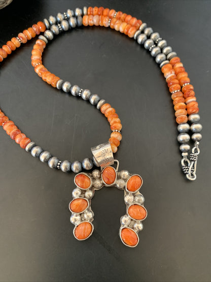 Spiny Oyster Naja Pendant Navajo Pearls Sterling Silver Necklace 12091