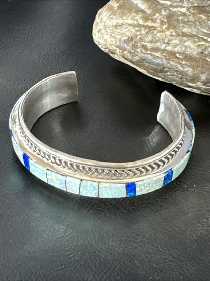 Blue Lapis Opal Zuni Sterling Silver Cuff Inlay Bracelet 17956