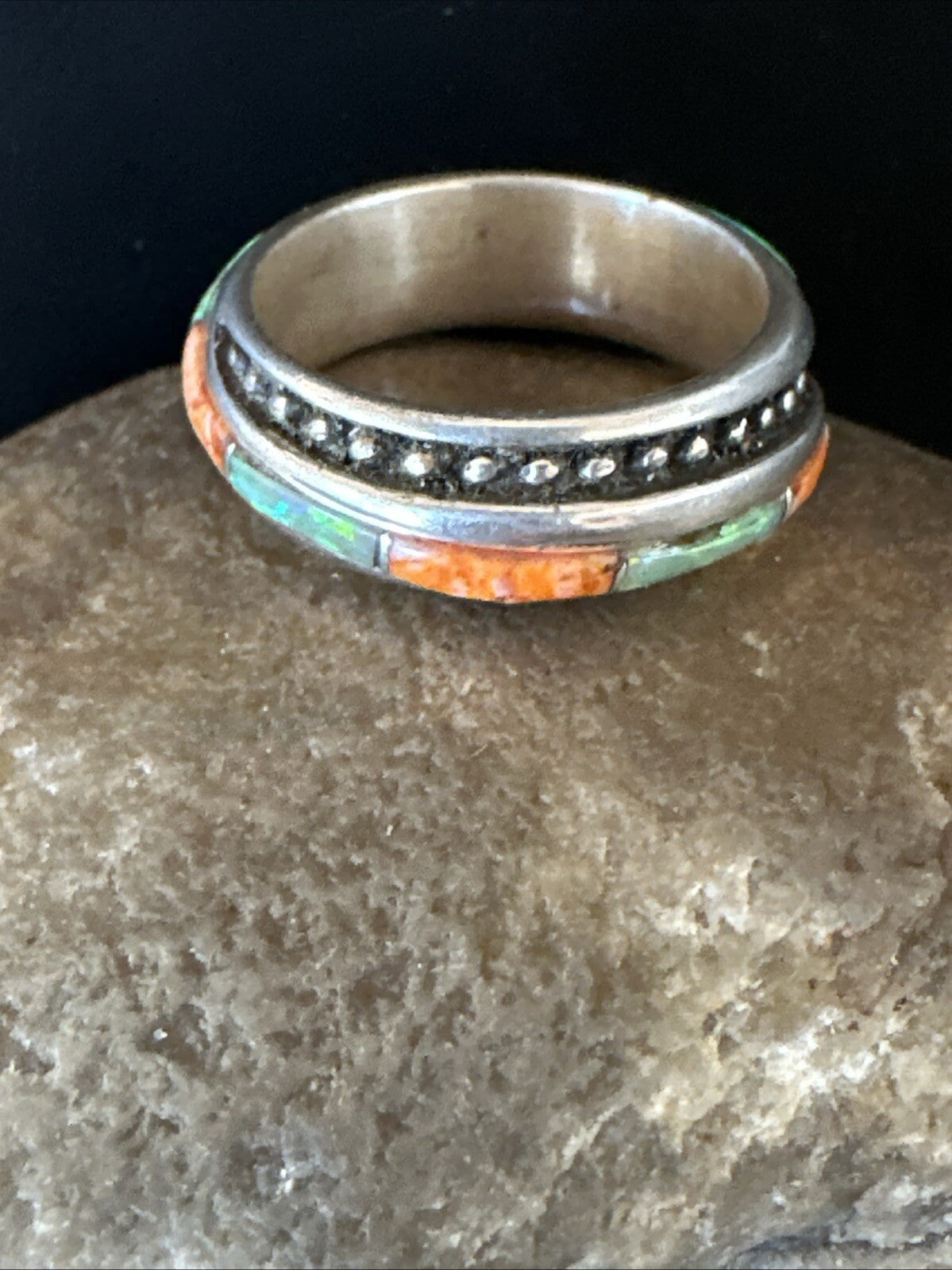 Green Opal Orange Spiny Navajo Sterling Silver Band Inlay Ring Size 9 18811