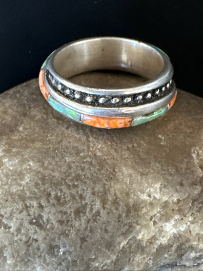 Green Opal Orange Spiny Navajo Sterling Silver Band Inlay Ring Size 9 18811