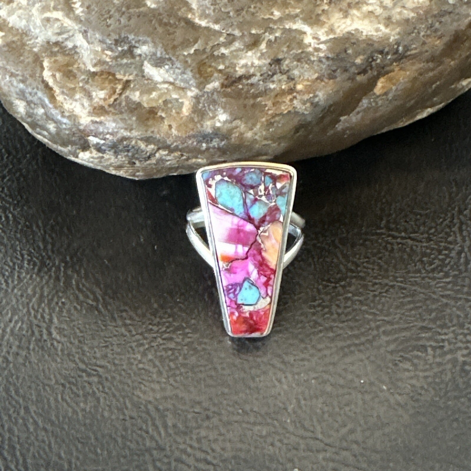 Blue Turquoise Spiny Oyster Southwestern Sterling Silver Ring Size 6 18473