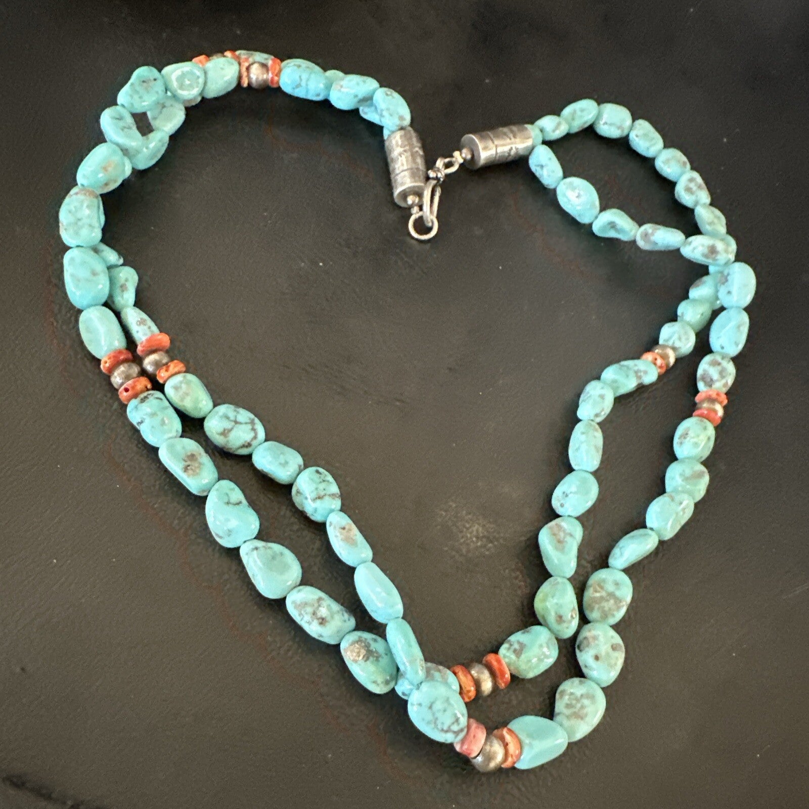 Spiny Oyster Nacosari Turquoise 2S Navajo Sterling Silver Necklace 19" 17785