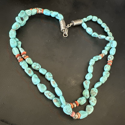 Spiny Oyster Nacosari Turquoise 2S Navajo Sterling Silver Necklace 19" 17785