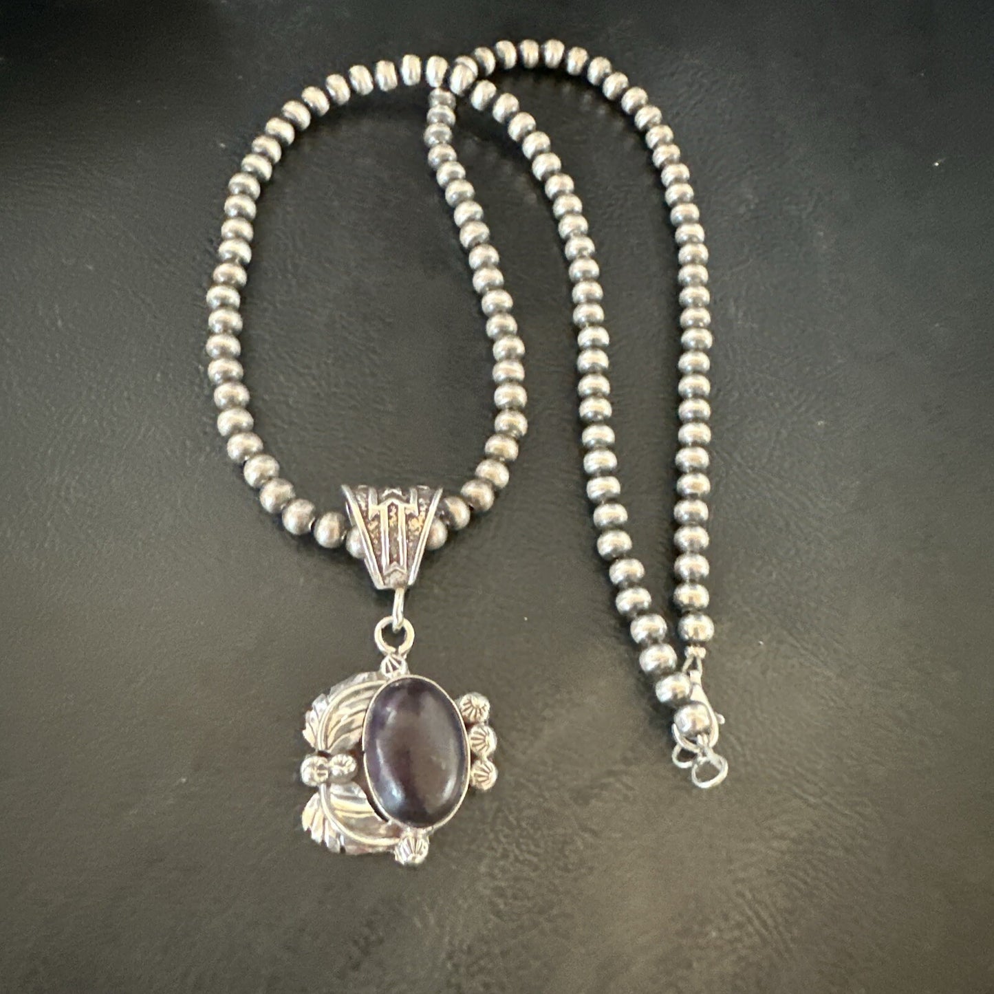 Purple Stone Pendant Navajo Pearls Sterling Silver Necklace 20” 18046