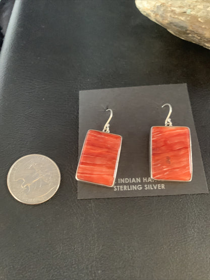 Red Spiny Oyster Navajo Sterling Silver Dangle Earrings 14094