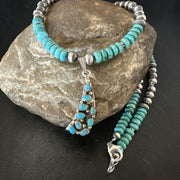 Men's Blue Turquoise Cluster Pendant Navajo Pearls Necklace | Sterling Silver | Authentic Native American Handmade | 17895