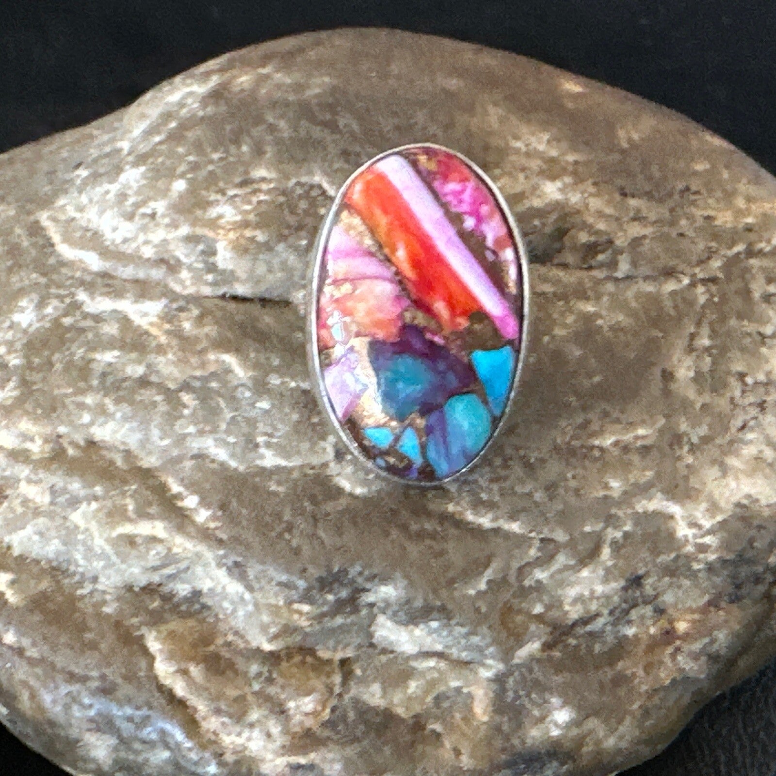 Blue Turquoise Spiny Oyster Southwestern Sterling Silver Ring Size 6 18475