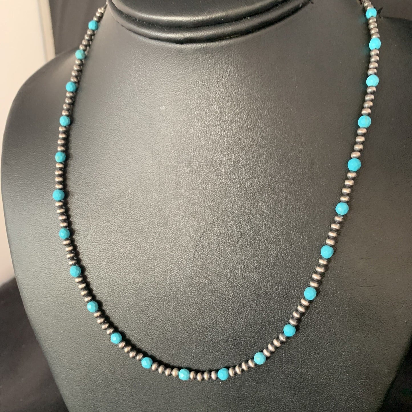 Minimalist Navajo Pearls 3mm Sterling Blue Turquoise Necklace 16" 13591