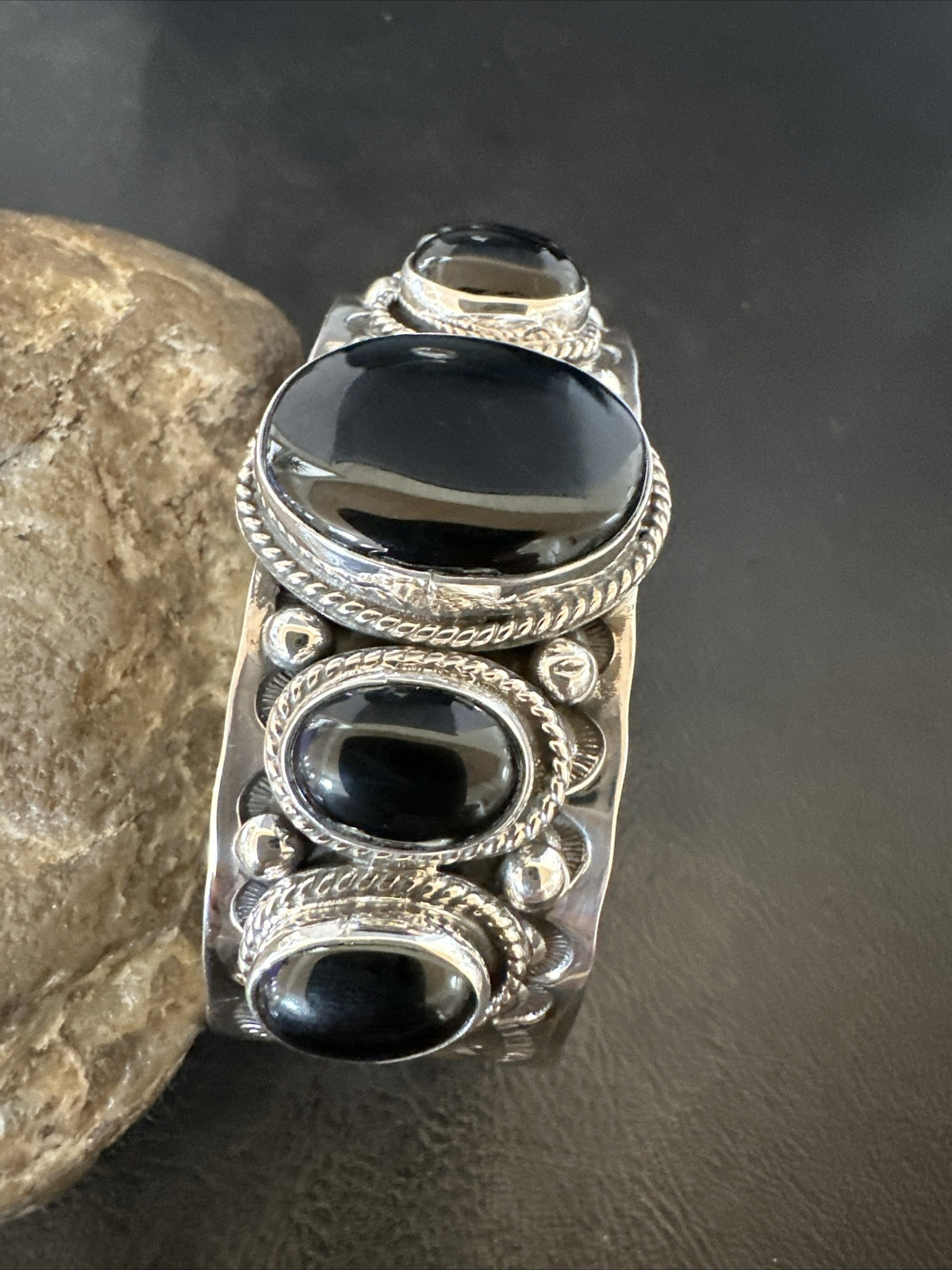 Native Mens Navajo Sterling Silver Black Onyx Cuff Bracelet 5 Stone 18018