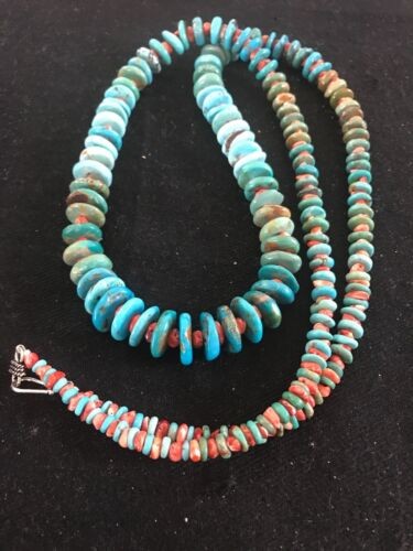 Navajo Blue Green Turquoise & Spiny Oyster Necklace Graduated 35" 8117