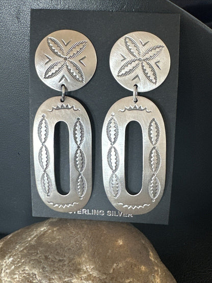 Popular Navajo Stamped Sterling Silver Stamped Handmade Earrings 2.75" 17857