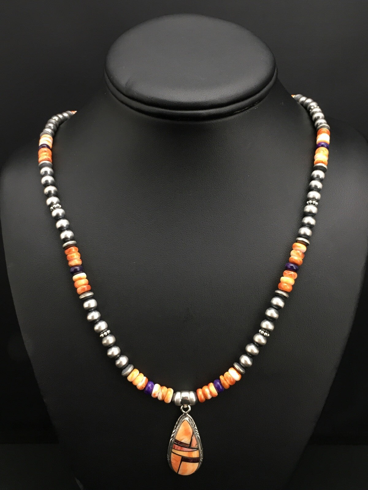 Spiny Oyster Pendant Purple Stone Navajo Pearls Sterling Silver Necklace 4879