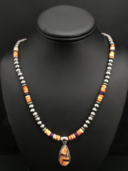 Spiny Oyster Pendant Purple Stone Navajo Pearls Necklace | Sterling Silver | Authentic Native American Handmade | 4879
