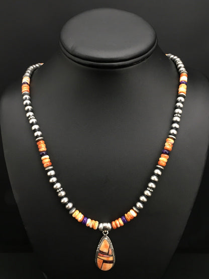 Spiny Oyster Pendant Purple Stone Navajo Pearls Sterling Silver Necklace 4879