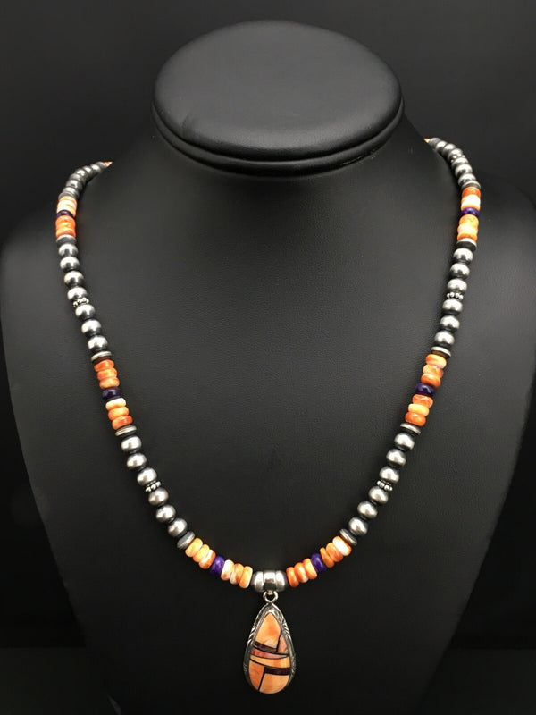 Spiny Oyster Pendant Purple Stone Navajo Pearls Necklace | Sterling Silver | Authentic Native American Handmade | 4879