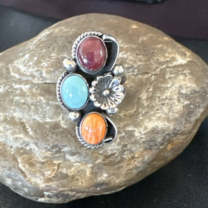 Multicolor Ring Turquoise Spiny Navajo Sterling Silver Cluster Size 8.5 19166