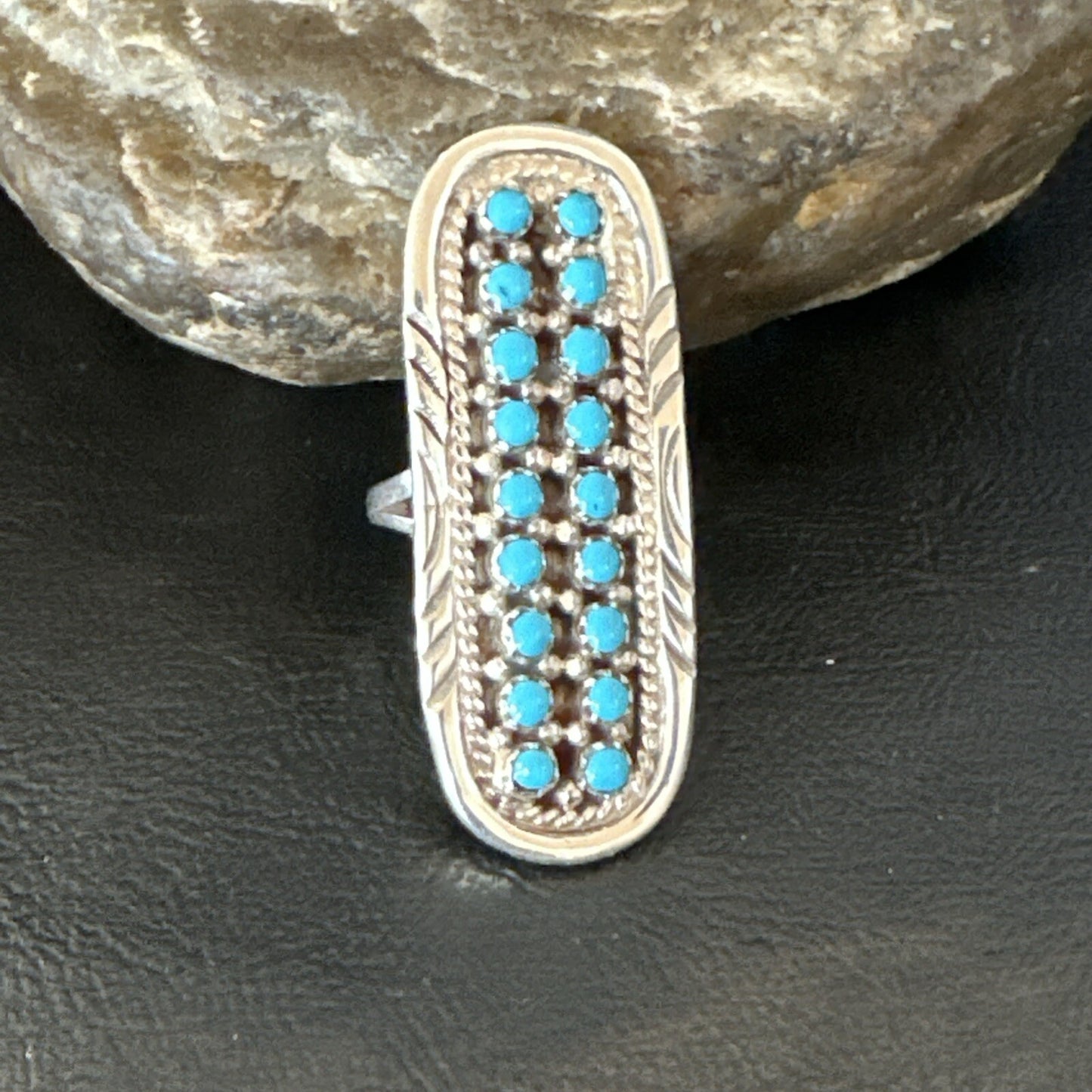 Blue Turquoise Zuni Sterling Silver Petite Point Cluster Ring Size 9 18790