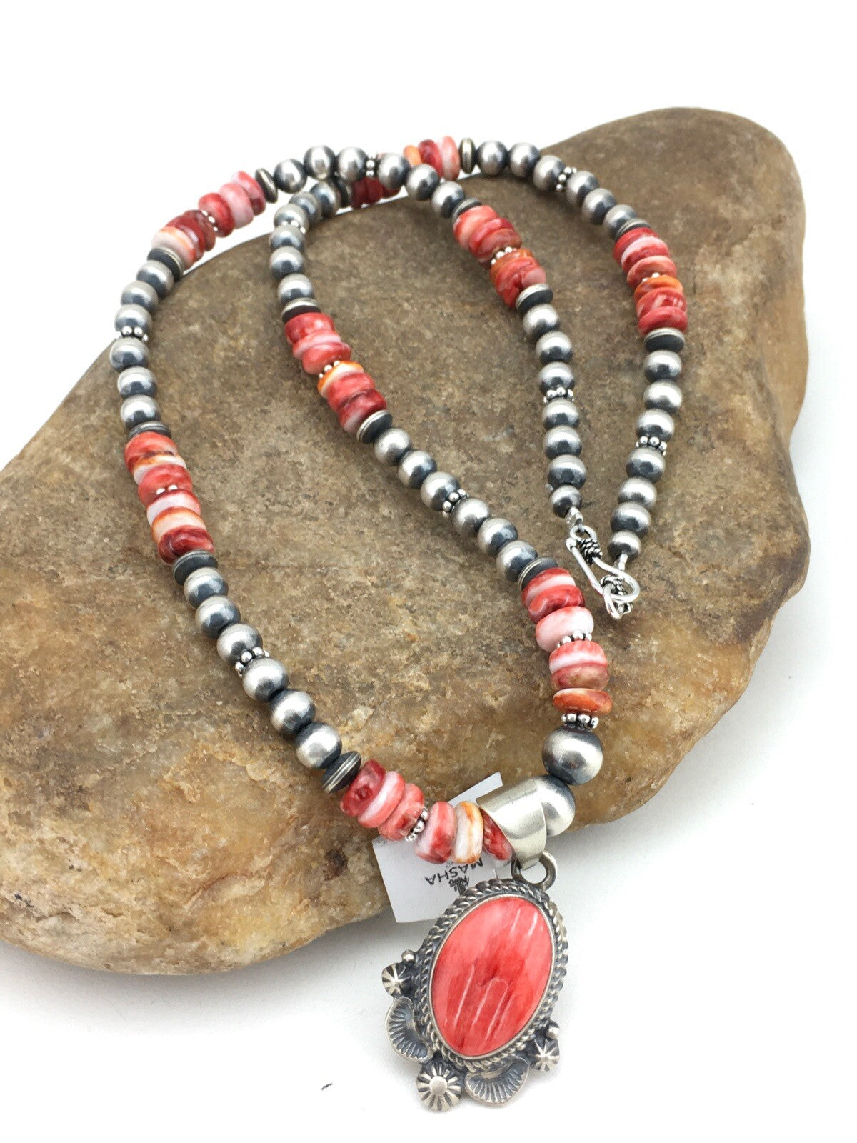 Red Spiny Oyster Pendant Navajo Pearls Sterling Silver Necklace 2685