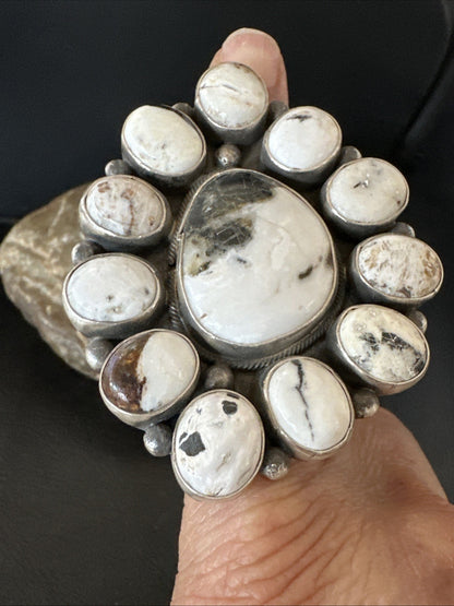 XXL White Buffalo Turquoise Navajo Sterling Silver Cluster Ring Size 8 19275