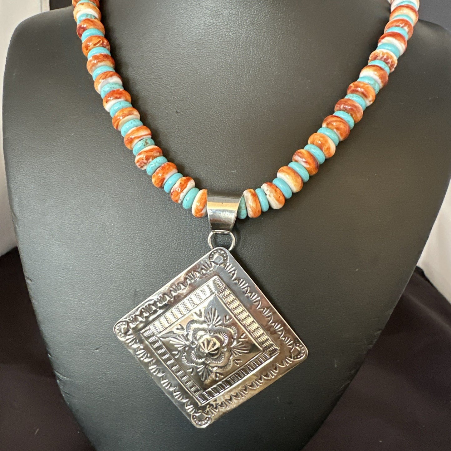 Orange Spiny Oyster Turquoise Navajo  Pendant Sterling Silver Necklace 21” 19044