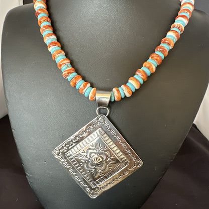 Orange Spiny Oyster Turquoise Navajo  Pendant Sterling Silver Necklace 21” 19044