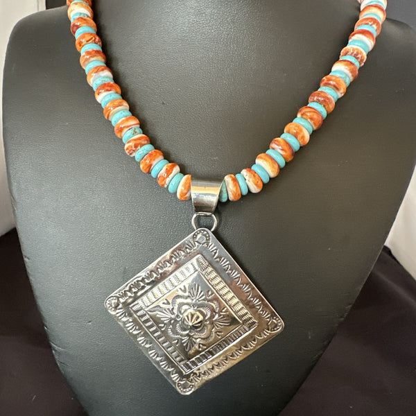 Orange Spiny Oyster Turquoise Navajo Pendant Necklace 21" | Sterling Silver | Authentic Native American Handmade | 19044