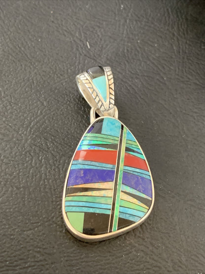 Womens Blue Turquoise Coral & Opal Navajo Sterling Silver Inlay Pendant 12493