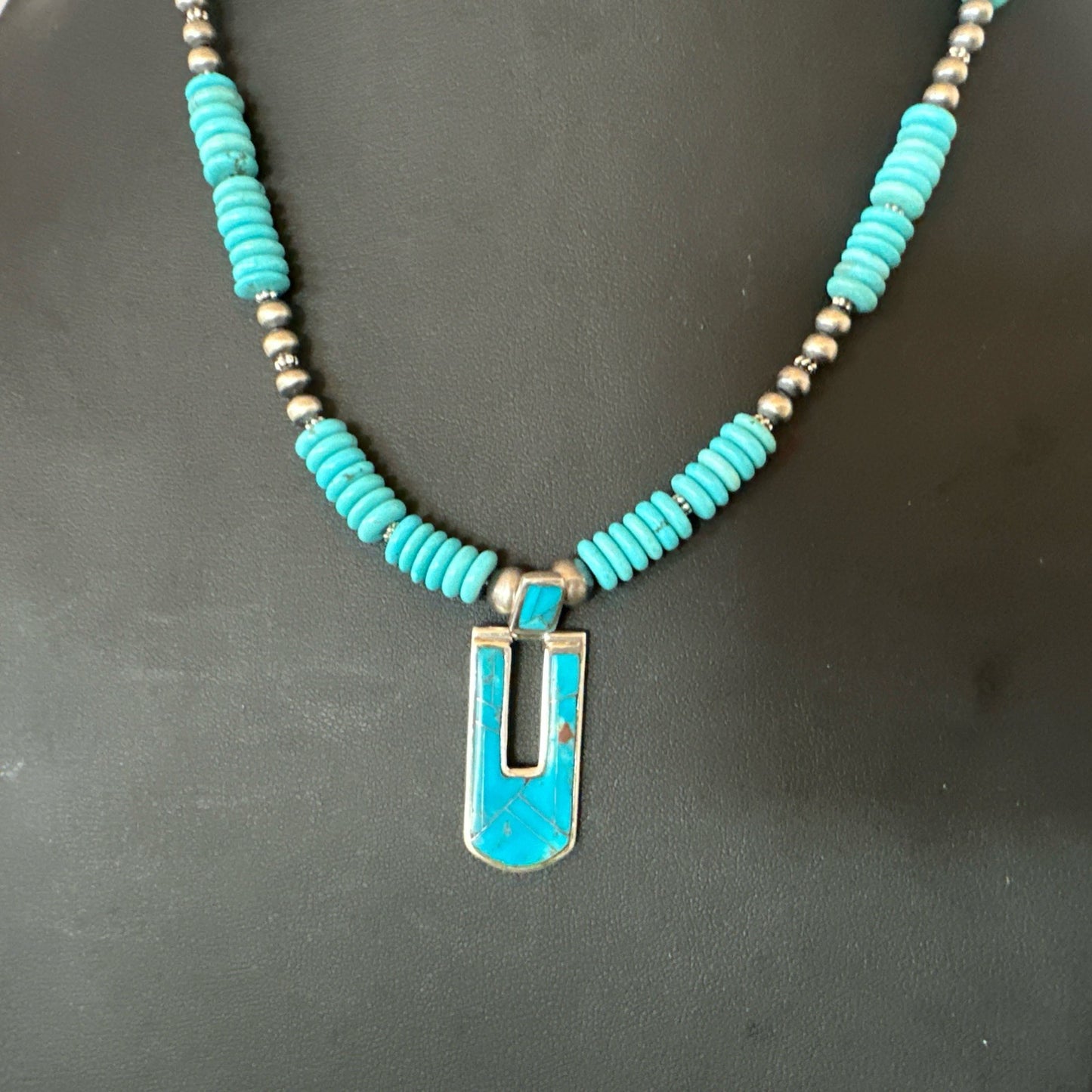 Blue Turquoise Inlay Pendant Navajo Sterling Silver Necklace 20" 19712