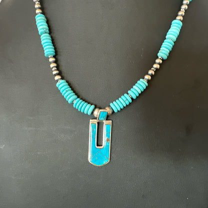 Blue Turquoise Inlay Pendant Navajo Sterling Silver Necklace 20" 19712