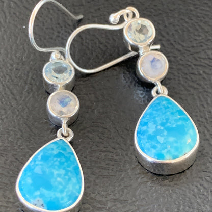 Blue Kingman Turquoise & Topaz Navajo Sterling Silver Dangle Earrings 11590