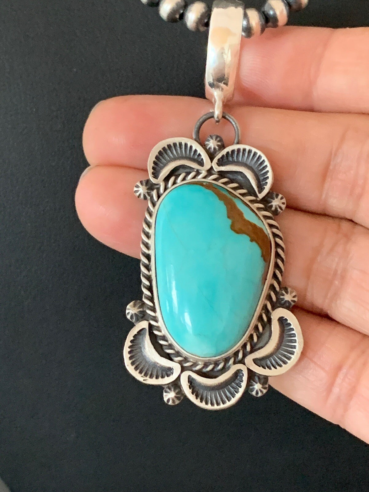 Mens Navajo Pearls Sterling Silver Royston Turquoise Necklace Pendant 04306