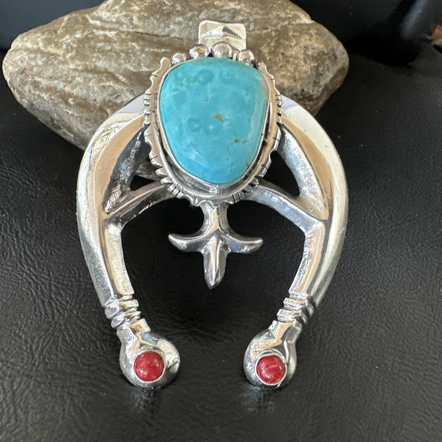 Tufa Cast Navajo Sterling Silver Blue Kingman Turquoise Coral Naja Pendant 19355