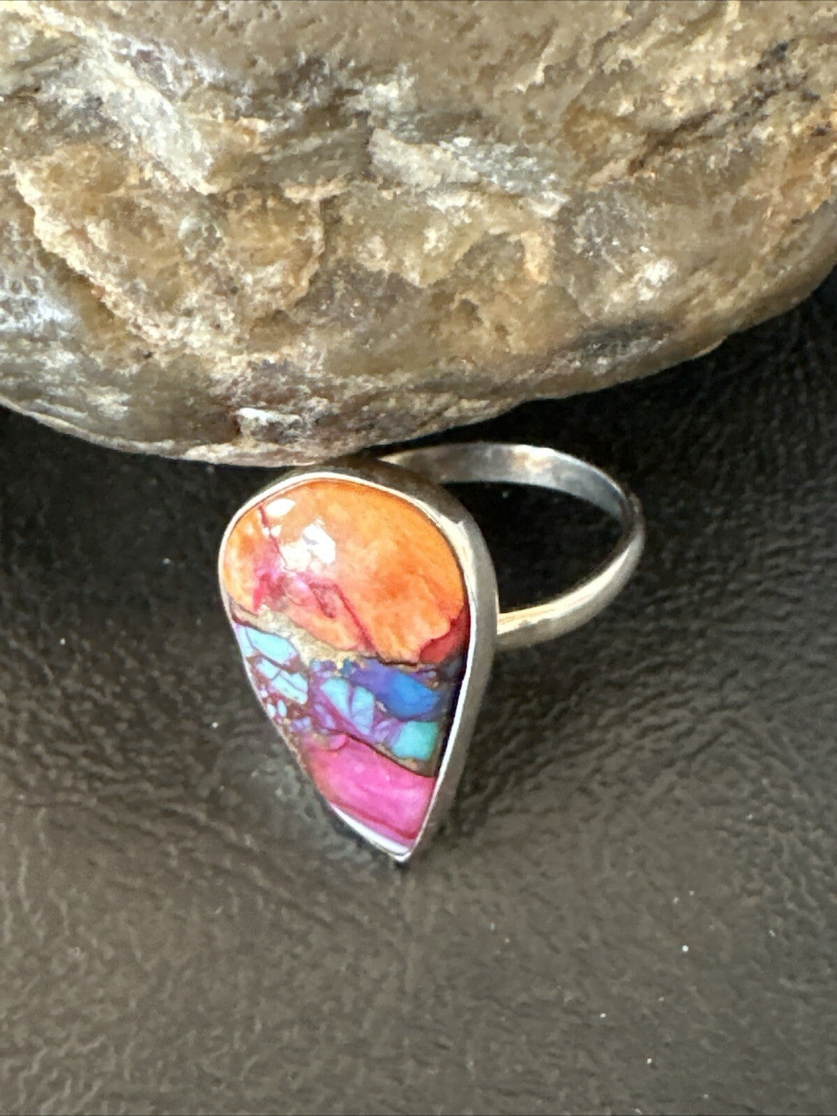 Blue Turquoise Spiny Oyster Southwestern Sterling Silver Ring Size 9 18464
