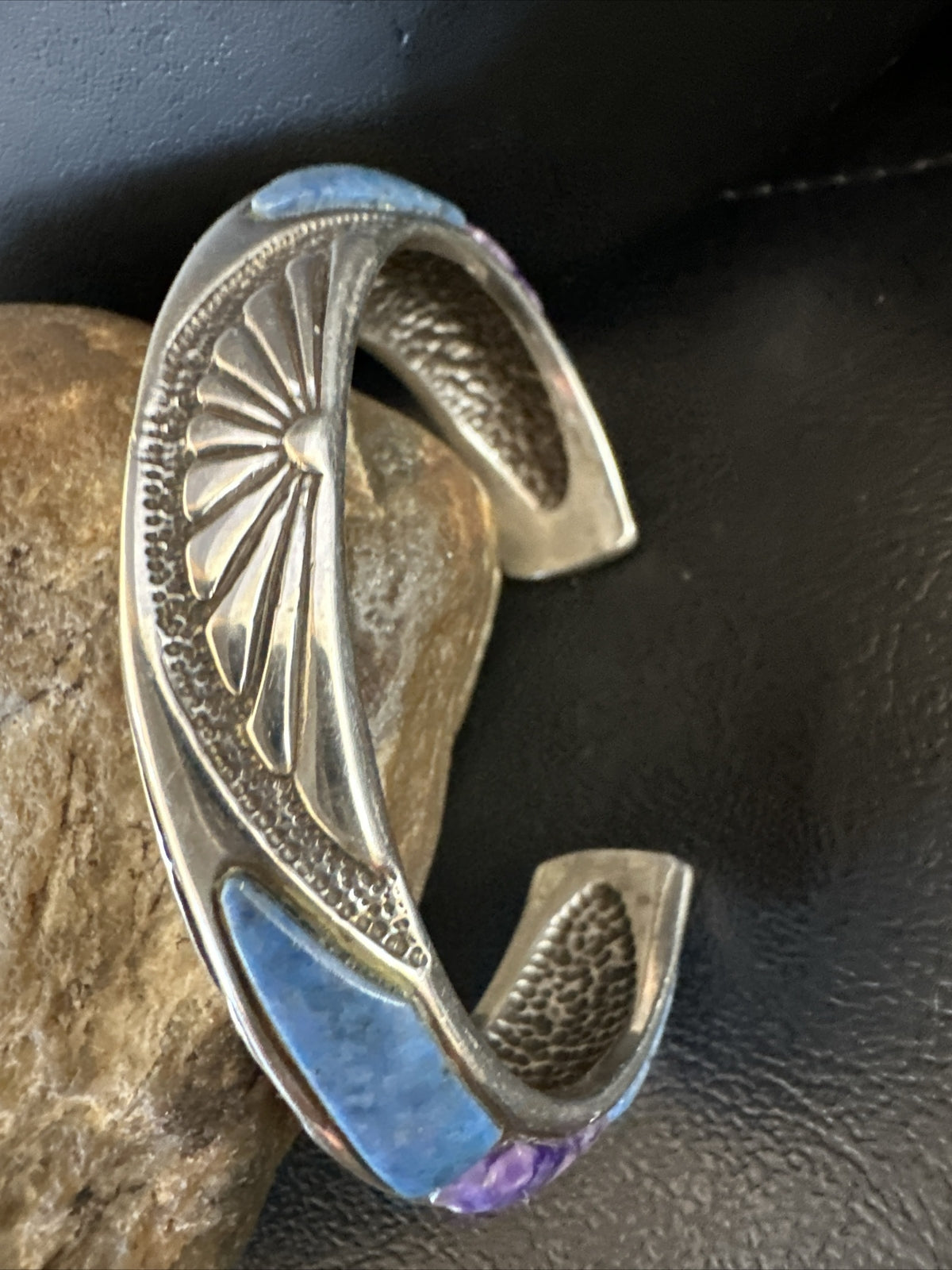 Mens  Purple Stone Lapis Navajo Sterling Silver Tufa Cast Cuff Bracelet 18146